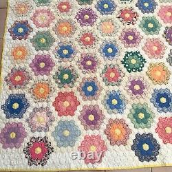 Vintage Quilt Hand Stitched Sewn Grandmothers Flower Garden 86x67 STAIN