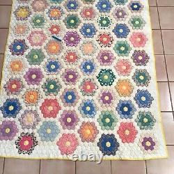 Vintage Quilt Hand Stitched Sewn Grandmothers Flower Garden 86x67 STAIN