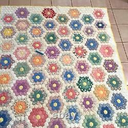 Vintage Quilt Hand Stitched Sewn Grandmothers Flower Garden 86x67 STAIN