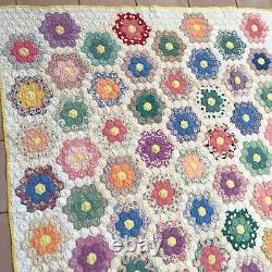 Vintage Quilt Hand Stitched Sewn Grandmothers Flower Garden 86x67 STAIN