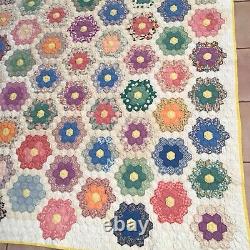 Vintage Quilt Hand Stitched Sewn Grandmothers Flower Garden 86x67 STAIN