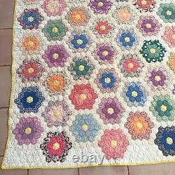 Vintage Quilt Hand Stitched Sewn Grandmothers Flower Garden 86x67 STAIN