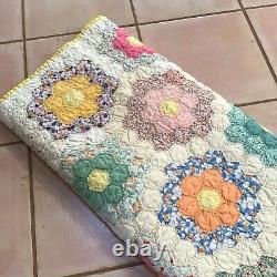 Vintage Quilt Hand Stitched Sewn Grandmothers Flower Garden 86x67 STAIN