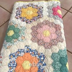 Vintage Quilt Hand Stitched Sewn Grandmothers Flower Garden 86x67 STAIN