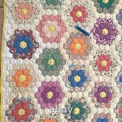 Vintage Quilt Hand Stitched Sewn Grandmothers Flower Garden 86x67 STAIN