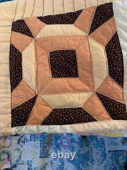 Vintage Quilt Hand Stitched Stars 82x100 Peach Brown Calico Cotton QUALITY