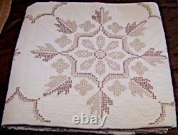 Vintage Quilt Hand Stitched White with Brown Tan Gold Embroidery 80x90