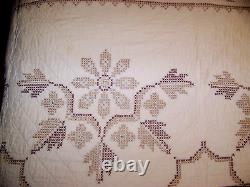Vintage Quilt Hand Stitched White with Brown Tan Gold Embroidery 80x90