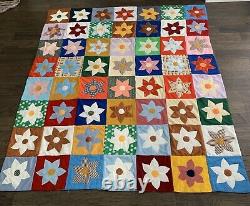 Vintage Quilt Handmade 86 X 76 Hand Stitched Coverlet Flowers 60s 70s
