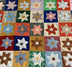 Vintage Quilt Handmade 86 X 76 Hand Stitched Coverlet Flowers 60s 70s