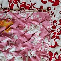 Vintage Quilt Handmade Blanket Queen Handtied Red Floral Boho Floral Hippie