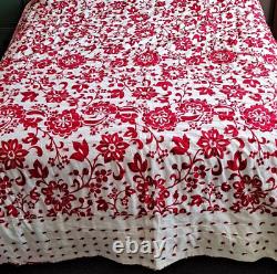 Vintage Quilt Handmade Blanket Queen Handtied Red Floral Boho Floral Hippie