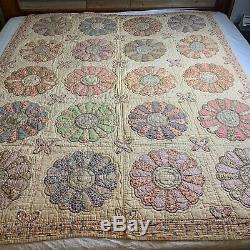 Vintage Quilt, Handmade Hand Quilted 76 x 63 Dresden Plate Ivory Pastels