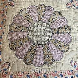 Vintage Quilt, Handmade Hand Quilted 76 x 63 Dresden Plate Ivory Pastels