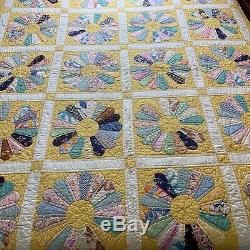 Vintage Quilt, Handmade Hand Quilted 84 x 67 Dresden Plate yellow Floral