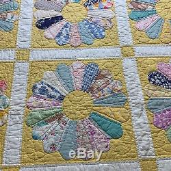 Vintage Quilt, Handmade Hand Quilted 84 x 67 Dresden Plate yellow Floral