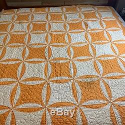Vintage Quilt, Handmade Hand Quilted 85 x 75 Orange White Prairie Points