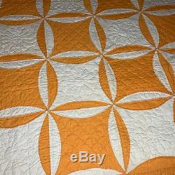 Vintage Quilt, Handmade Hand Quilted 85 x 75 Orange White Prairie Points