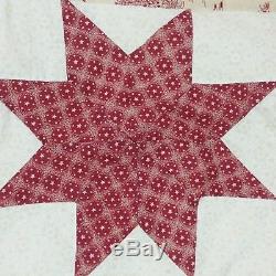 Vintage Quilt Handmade Hand Sewn Stitched Star Pioneer Red Cream 103 x 87 King