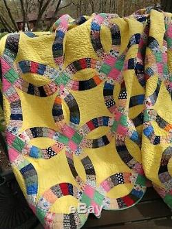 Vintage Quilt Handmade Hand Stitched Double Wedding Ring Stars 88 x 70