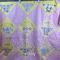 Vintage Quilt Handmade Pink Geometric Shapes with Family Names Approx 76x66 READ