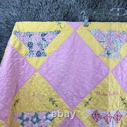 Vintage Quilt Handmade Pink Geometric Shapes with Family Names Approx 76x66 READ