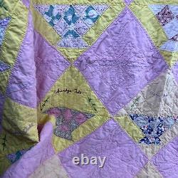 Vintage Quilt Handmade Pink Geometric Shapes with Family Names Approx 76x66 READ