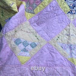 Vintage Quilt Handmade Pink Geometric Shapes with Family Names Approx 76x66 READ