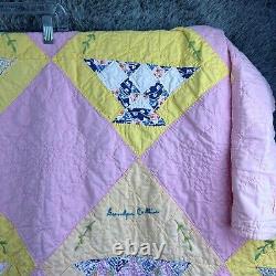 Vintage Quilt Handmade Pink Geometric Shapes with Family Names Approx 76x66 READ