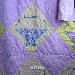 Vintage Quilt Handmade Pink Geometric Shapes with Family Names Approx 76x66 READ