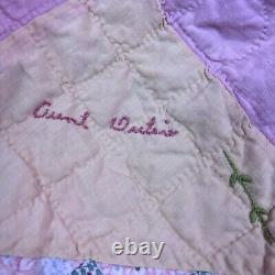 Vintage Quilt Handmade Pink Geometric Shapes with Family Names Approx 76x66 READ