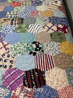 Vintage Quilt Hex 75x84 Hand Quilted Great Old Fabric