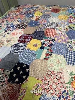 Vintage Quilt Hex 75x84 Hand Quilted Great Old Fabric