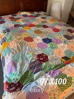 Vintage Quilt Large Hexagon 97x100 King Size Handmade Hand Quilted Man Quilt