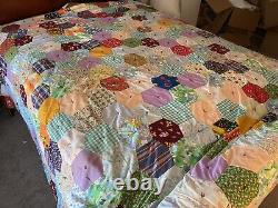 Vintage Quilt Large Hexagon 97x100 King Size Handmade Hand Quilted Man Quilt