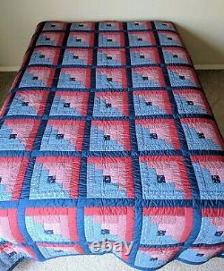Vintage Quilt Log Cabin Handmade Pieced Navy Burgundy 95 x 73 Full Size Bed