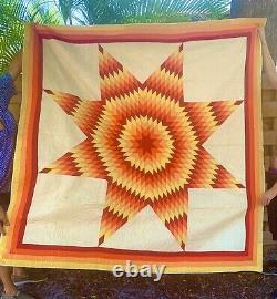 Vintage Quilt Lone Star 75 X75 Hand Quilted Handmade Bright Yellow Orange Red