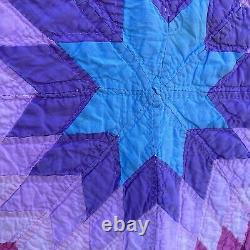 Vintage Quilt Lone Star Rainbow Hand Quilted 82 X 74 Purple Pink Green Border