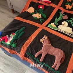 Vintage Quilt Mexican Crewel Yarn Embroidered 3D Blanket 54x72 Punch Needle