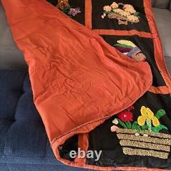 Vintage Quilt Mexican Crewel Yarn Embroidered 3D Blanket 54x72 Punch Needle