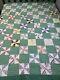 Vintage Quilt Pin Wheel 73x84 Hand Quilted Green Great Old Fabric