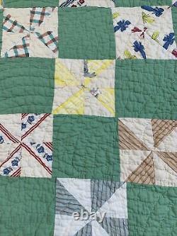 Vintage Quilt Pin Wheel 73x84 Hand Quilted Green Great Old Fabric