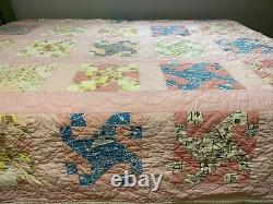 Vintage Quilt Pin Wheel 75x88 Hand Quilted Great Old Fabric