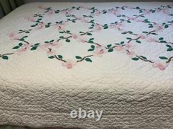 Vintage Quilt Pink Flower Applique 71x87 Hand Quilted Dogwood Tree