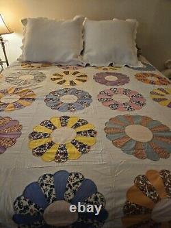 Vintage Quilt Pinwheel Dresden Plate Hand Sewn 72×84 Queen TOP ONLY