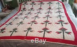 Vintage Quilt Red Green Brown Tree Hand Made Quilt 60 x 75