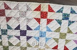Vintage Quilt Red Purple Green Blue White Hand Stitched Approx 76 x 72
