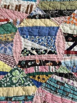 Vintage Quilt Scrappy 62x76 Hand Quilted Great Old Fabric
