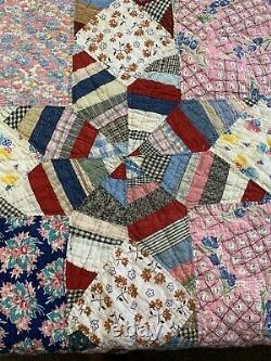 Vintage Quilt Stars Squares 72x90 Hand Quilted Feed Sack