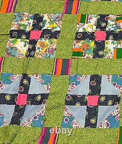 Vintage Quilt Top, 1960's 100% Hand Sewn 78 x 91, Psychedelic, Queen Plus